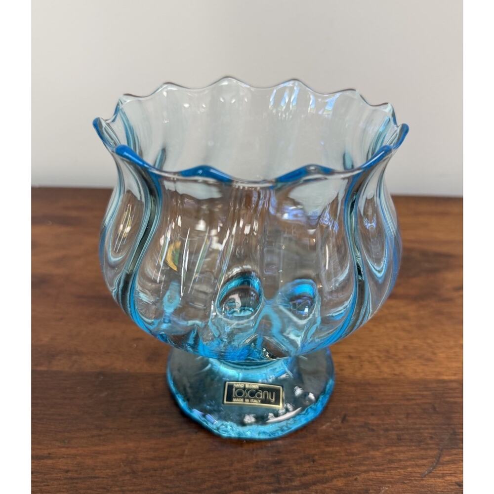 Vintage Toscany Italy Hand Blown Aqua Blue Art Glass Footed Bowl Compote 6" - Picture 2 of 10